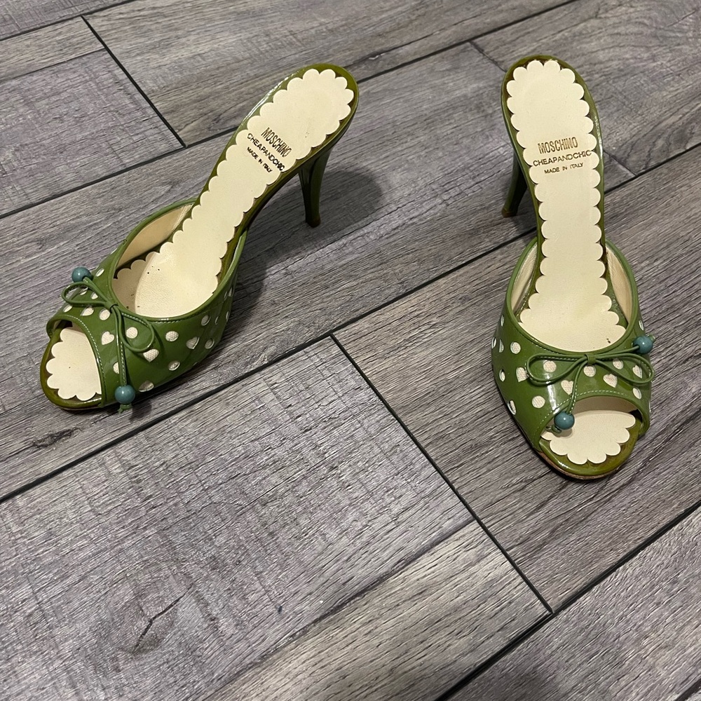 Vintage Moschino CheapAndChic Green Polka Dot and heart Women's Heels size 36.5